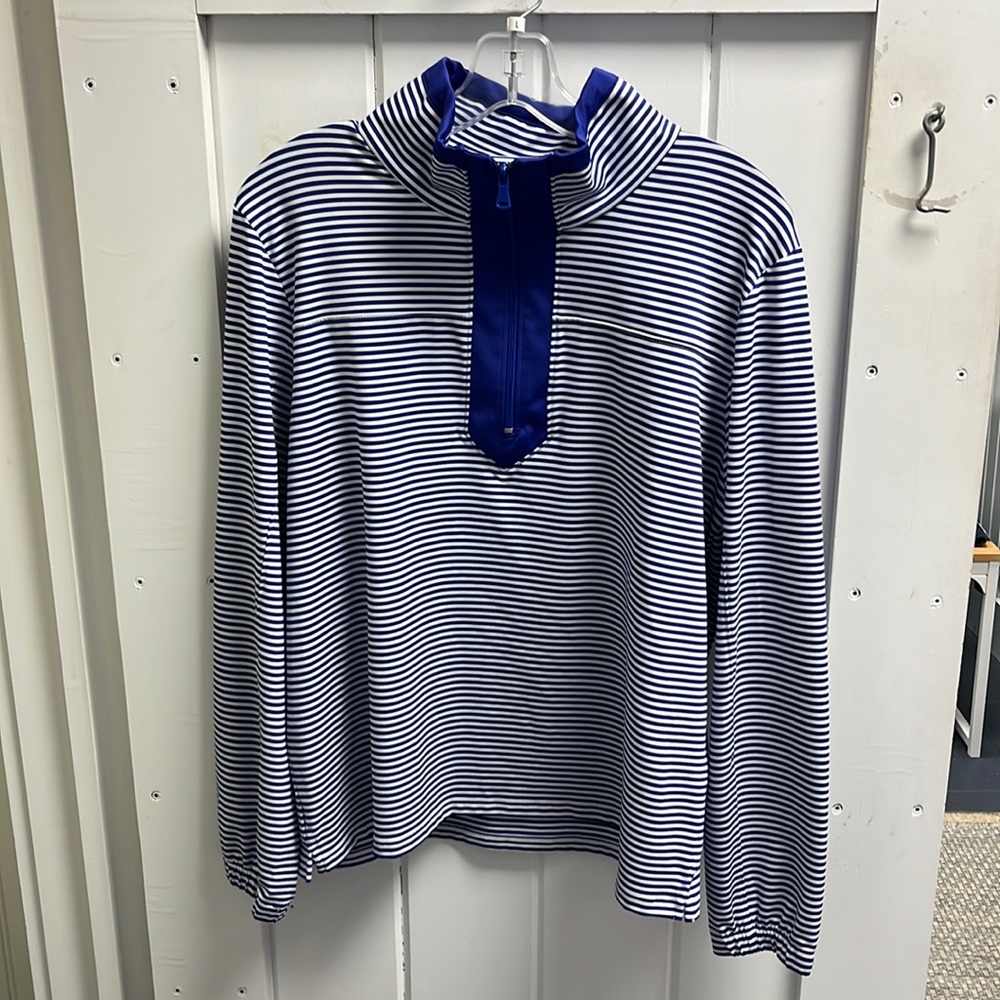 NWT Duffield lane blue pinstripe 1/4 zip TORY. Quarter zip. UPF 50+